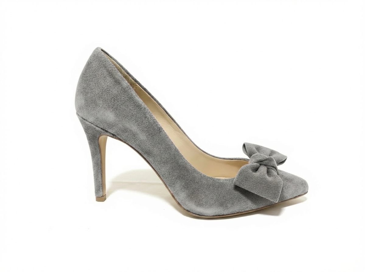 Grey Suede Bow Italian Leather Heels (9cm)