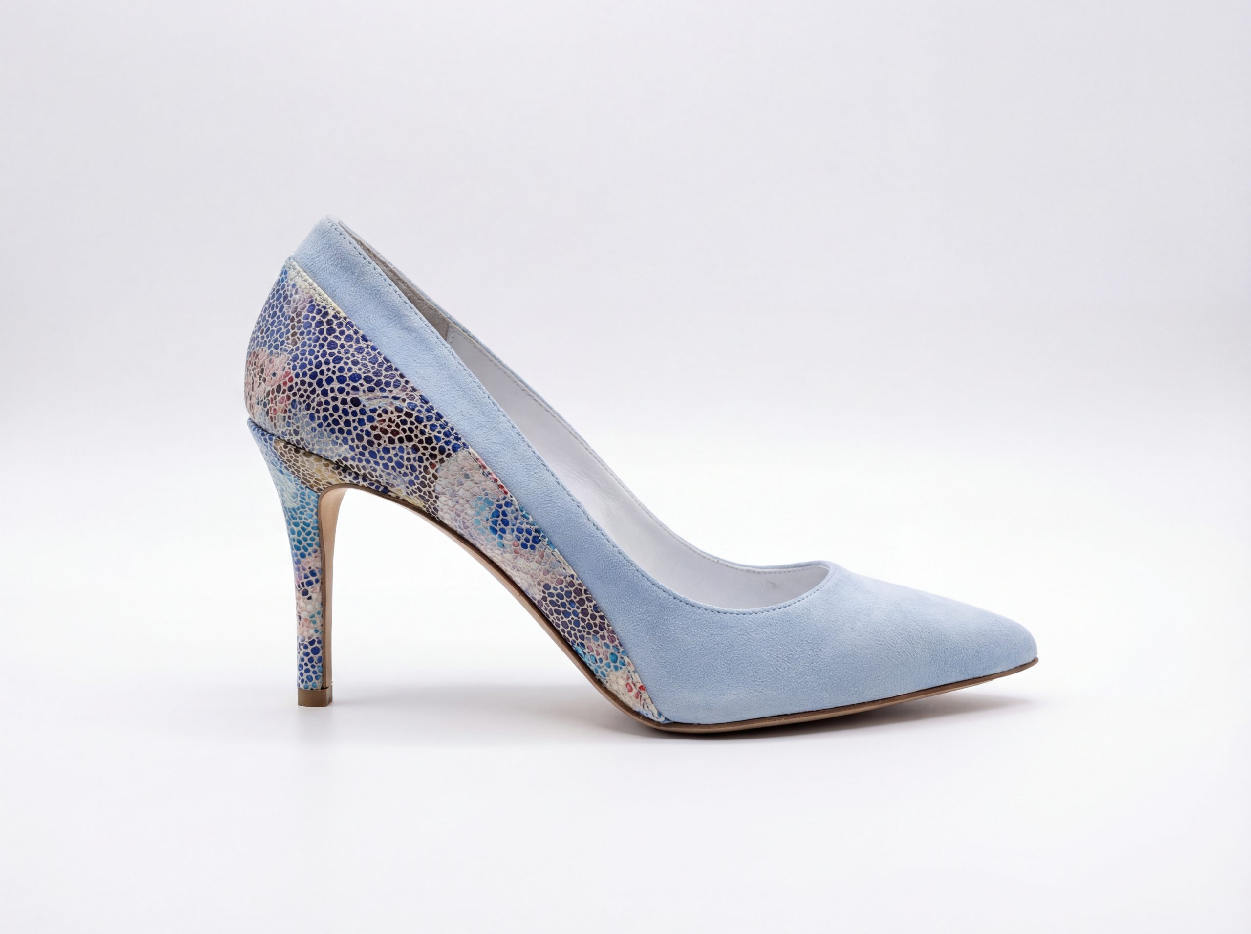 Sky Blue Suede Floral Heel Pumps