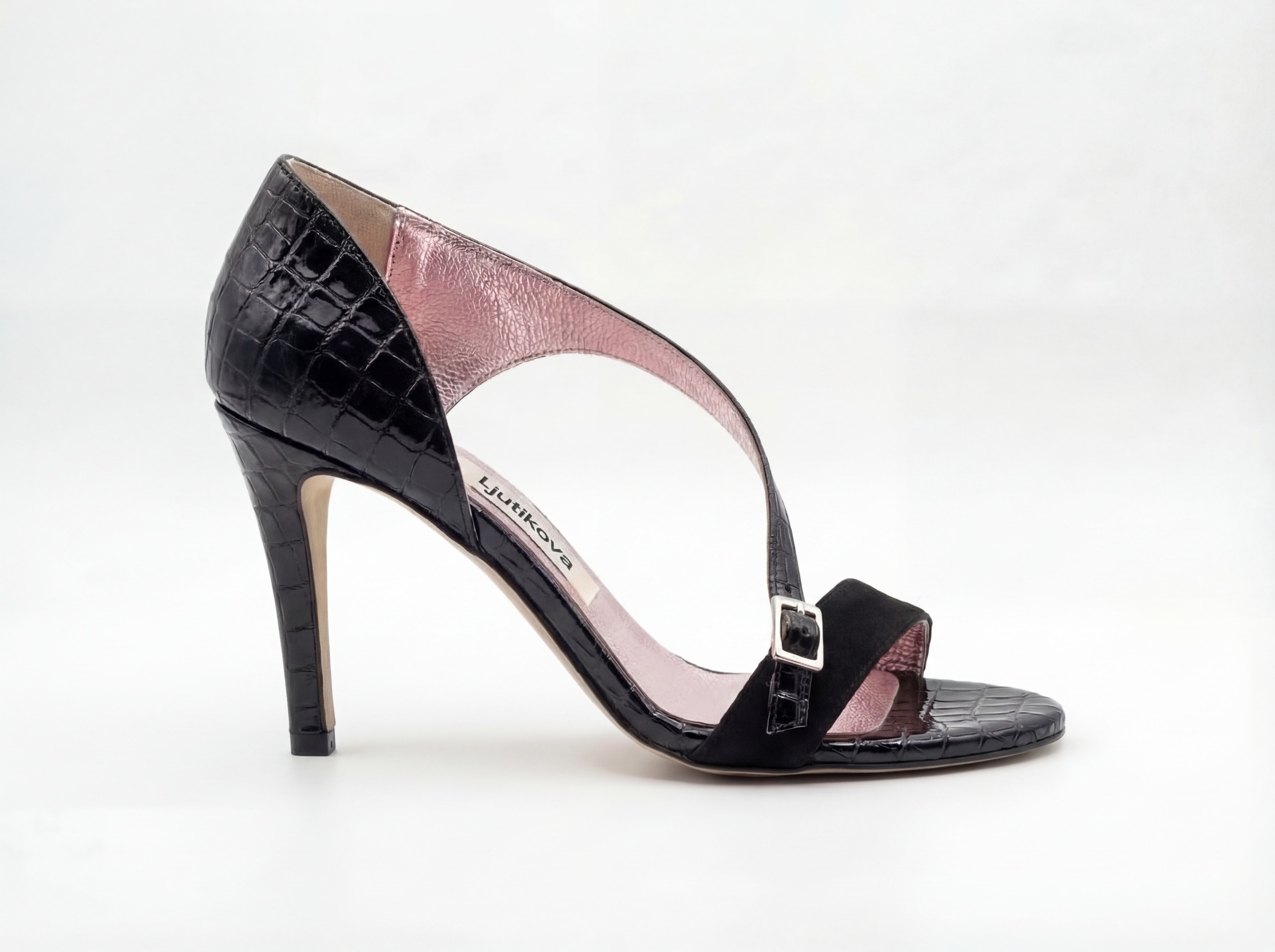 Black Croc Embossed Sandal Heels – Italian Leather Designer Strappy Pumps