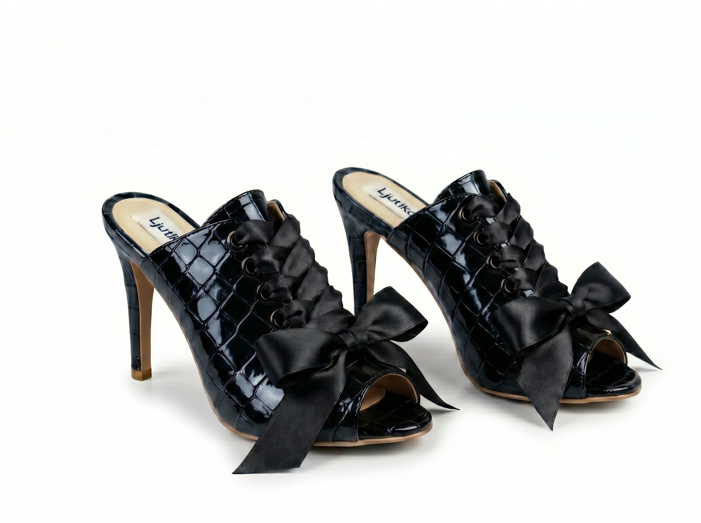 Luxury Black Croco Mules with Bow