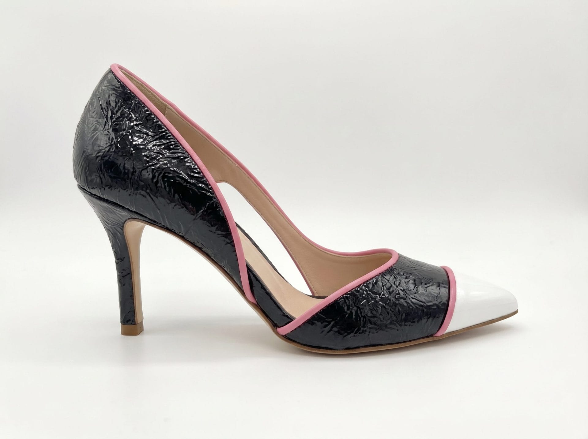 Black & White Leather Heels with Pink Trim | Elegant Designer Pumps