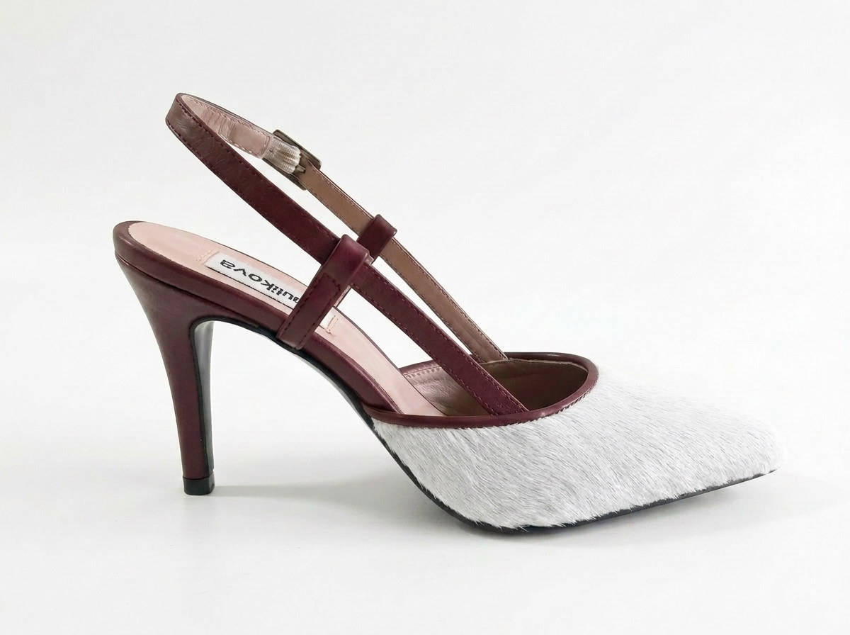 Luxury Pony Hair Slingback Heels |Burgundy Leather Designer Pumps