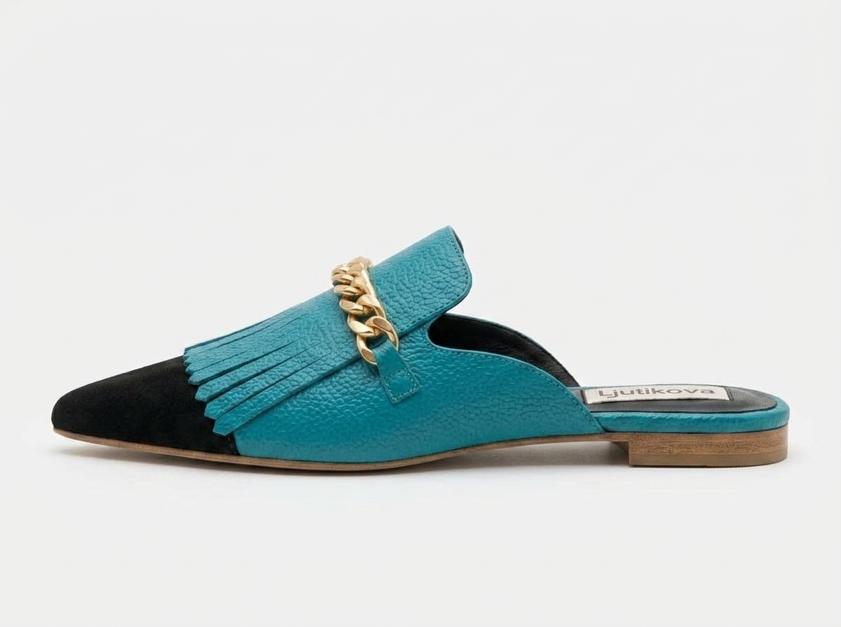 Designer Leather Mules with Chain Detail | Pointed Toe Slip-On Flats