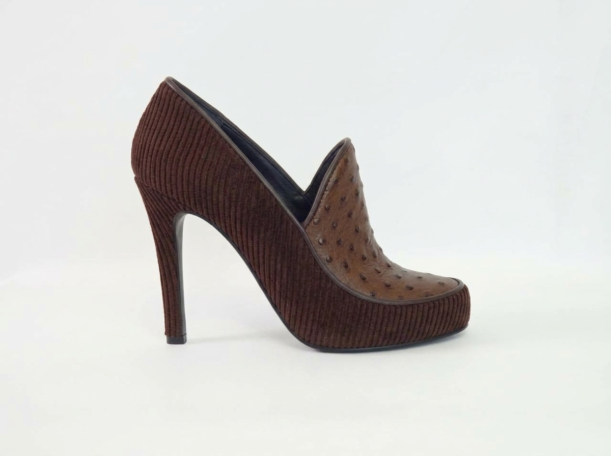 Brown corduroy pumps by LJUTIKOVA with ostrich-effect front panel and stiletto heel, side view