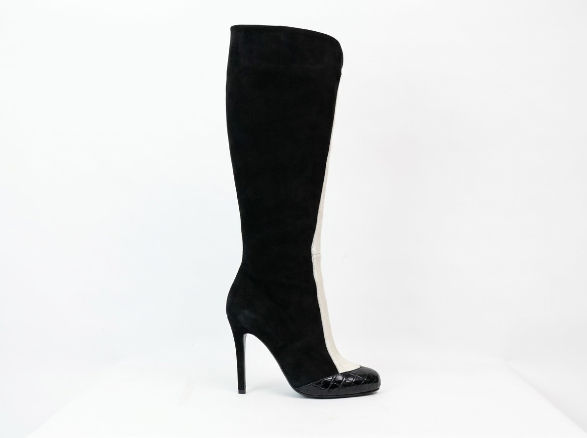 Black Suede Knee-High Boots with Horse Hair-On Leather