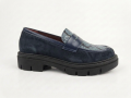 LJUTIKOVA navy blue suede loafers with turquoise snake-effect detail and chunky black sole – side view