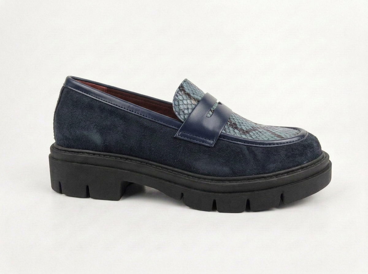 LJUTIKOVA navy blue suede loafers with turquoise snake-effect detail and chunky black sole – side view