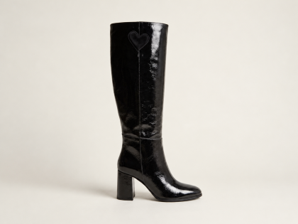 Black patent leather knee-high boot with glossy finish and rounded toe – front view | LJUTIKOVA