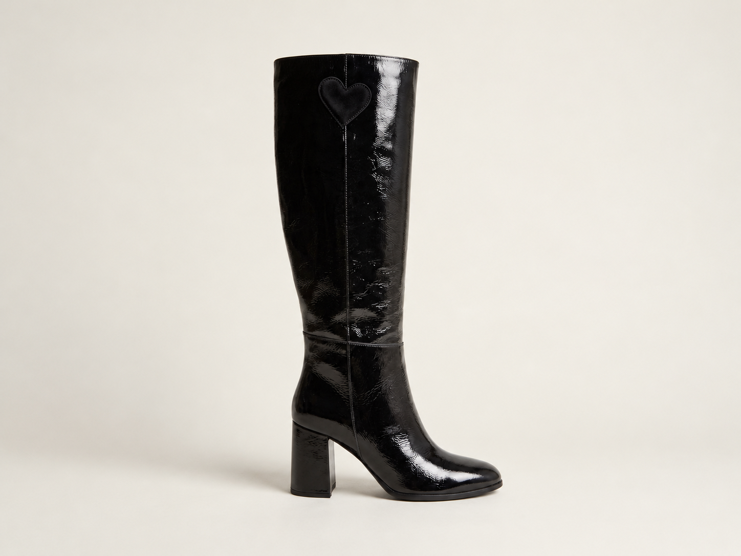 Black patent leather knee-high boot with glossy finish and rounded toe – front view | LJUTIKOVA