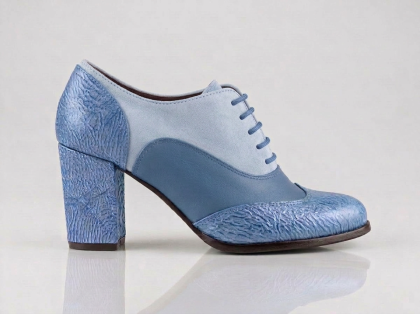 LJUTIKOVA blue leather Oxford heels with textured toe and lace-up detail – top view