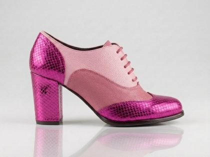 LJUTIKOVA pink leather Oxford heels with metallic fuchsia snake-effect toe – top view